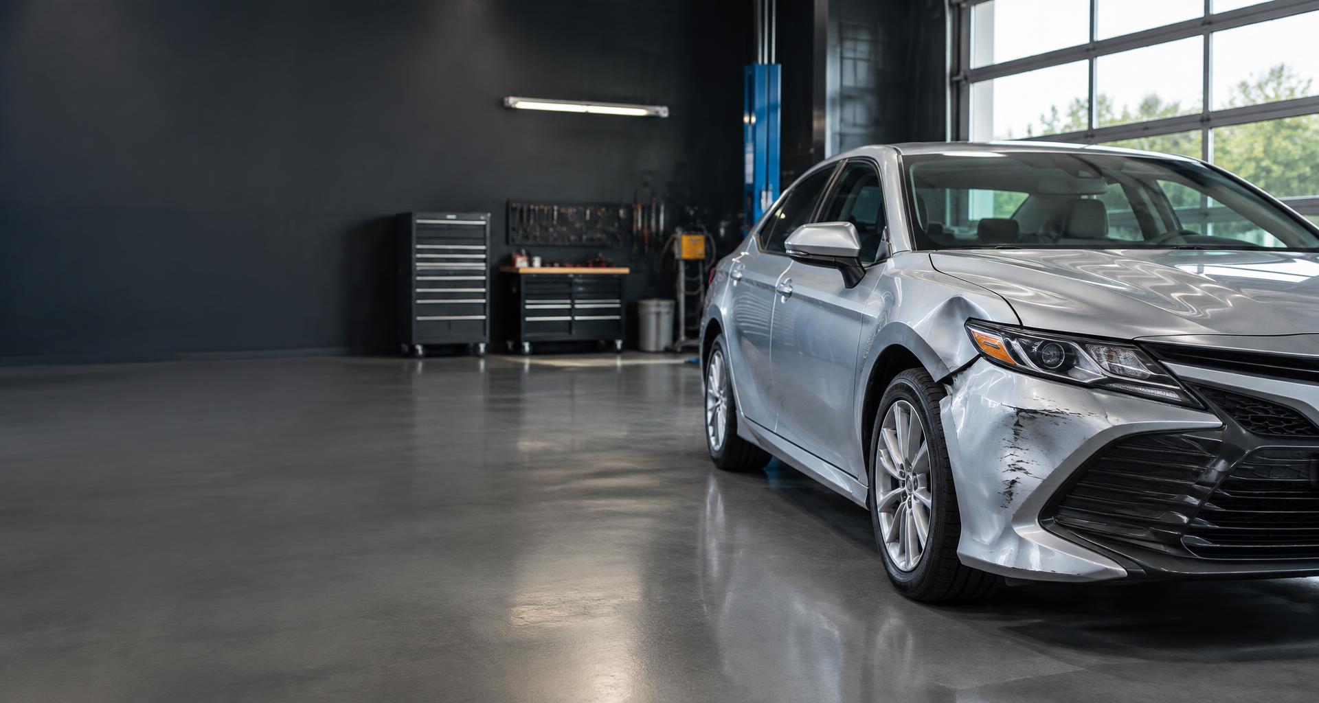 Silver sedan with front bumper collision damage in a repair workshop